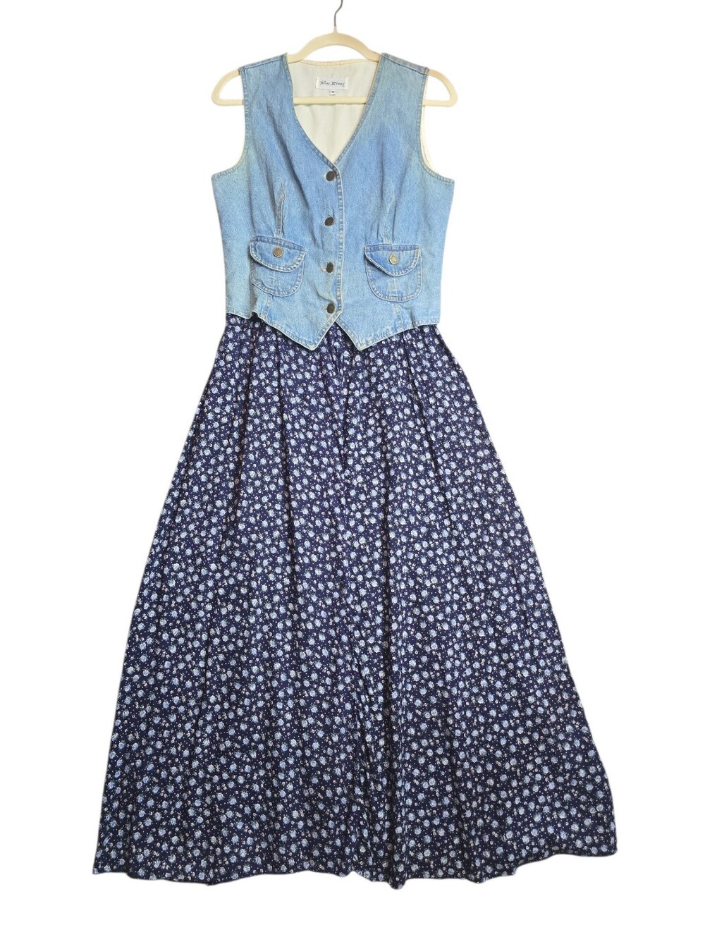 Vintage 90s Paris Blues Denim Vest Floral Maxi Dress Size 9 Cottagecore Grunge - Picture 1 of 13